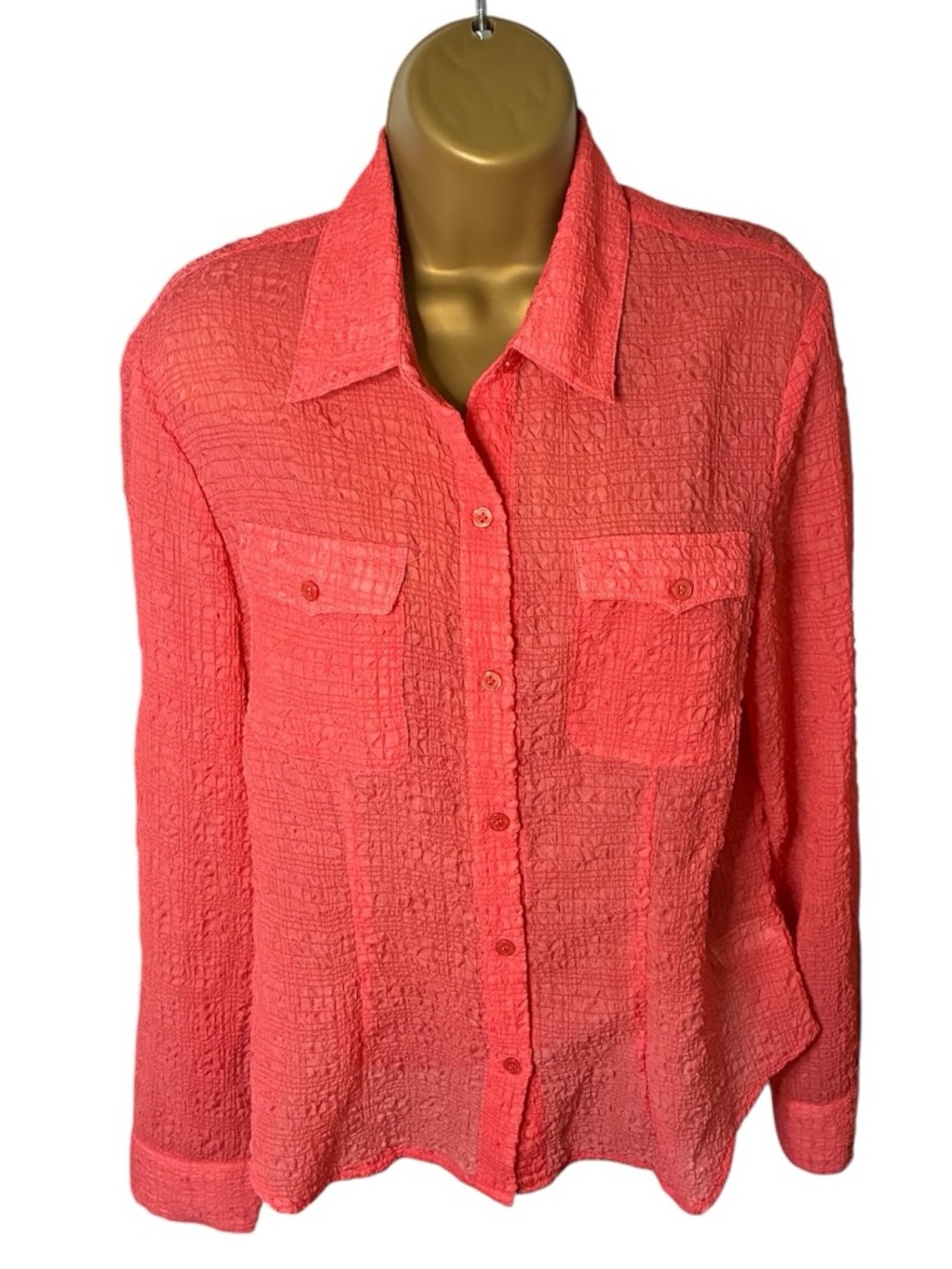 Vintage Y2K Nine & Company Crinkle Gauze Button Front Blouse Coral 10